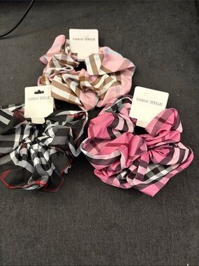 Plaid Pattern Hair Scrunchie Trio - Black, Pink, Blush 3 for 15